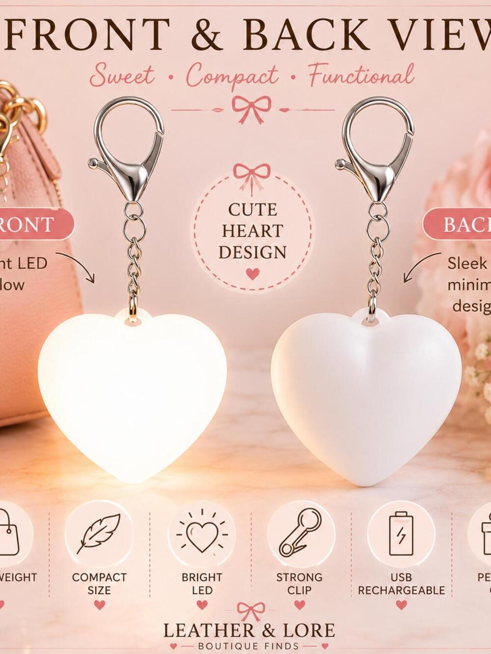 Heart LED Purse Light - Rechargeable White Keychain Accessory - Picture 8 of 9